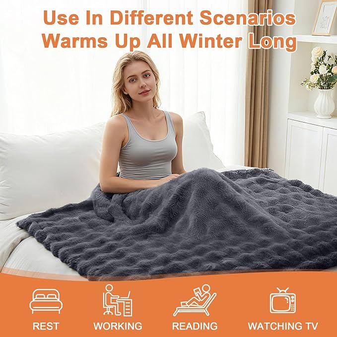 Heated Blanket Electric Throw Blanket 62''X 84''-Heating Blanket with 6 Heat Settings-10 Hours Auto Off,Cozy Faux Rabbit Fur Bubble Electric Blanket,Dark Gray