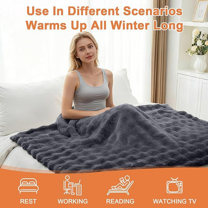 Heated Blanket Electric Throw Blanket 62''X 84''-Heating Blanket with 6 Heat Settings-10 Hours Auto Off,Cozy Faux Rabbit Fur Bubble Electric Blanket,Dark Gray