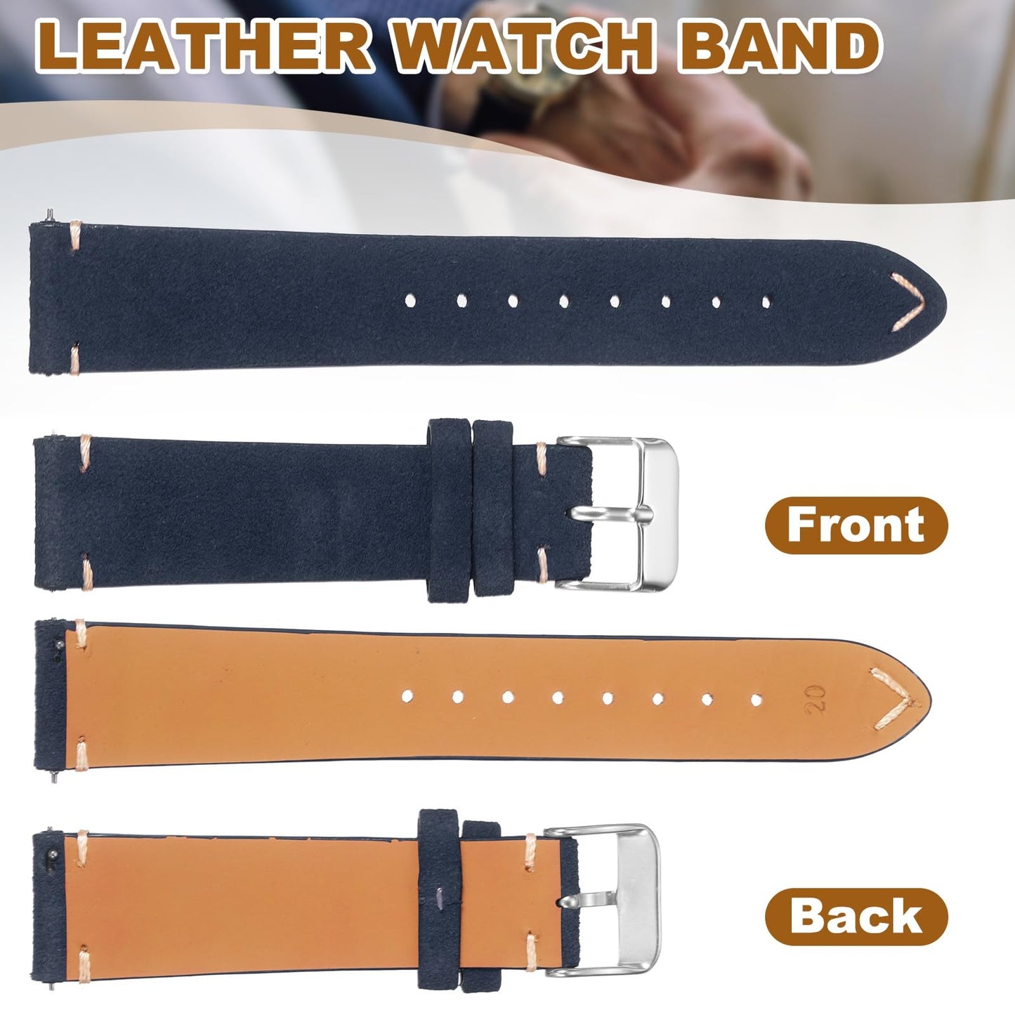 HARFINGTON Leather Watch Band 21mm Width Watch Strap Top-Grain Suede Cowhide Wrist Bands Replacement with Stainless Steel Buckle for Men Women, Dark Blue