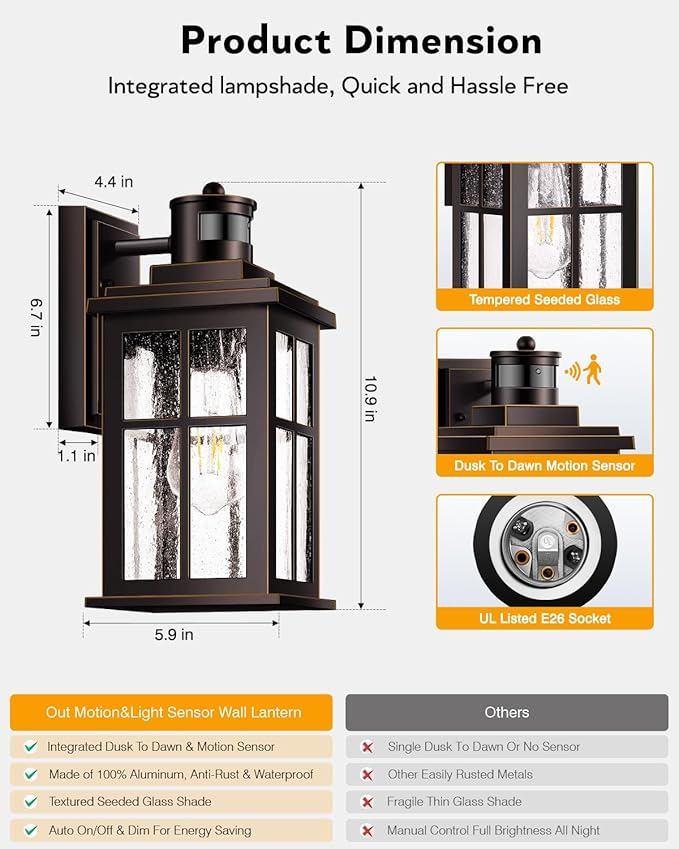 VIANIS Motion Sensor Exterior Lighting Fixtures for House, Oil Rubbed Bronze with Gold Trim Dusk to Dawn Outdoor Porch Light, Waterproof Outdoor Garage Lights Wall Mount, Outside Wall Sconce for Coach