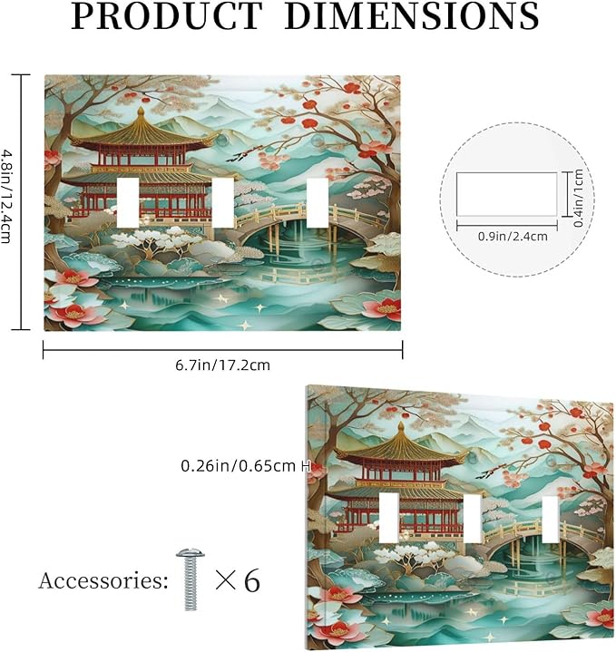 Asian Palace Traditional Bridge Cherry Blossoms Light Switch Covers 3 Gang Triple Toggle Wall Plate Decorative Switchplate Electrical Faceplate for Farmhouse Living Decor