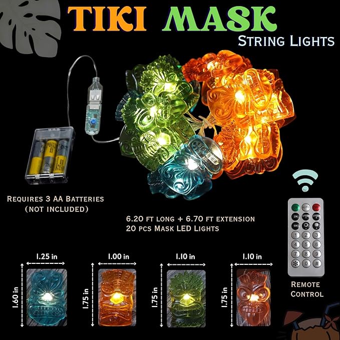 JASHIKA Tiki Mask String Lights USB Powered 20PCS 7FT, Tropical Hawaiian LED Fairy Lights with Remote and Optional Battery Box, Colorful 3D Mask Indoor Bar Dorm Bedroom Wall Shelf Party Decorations