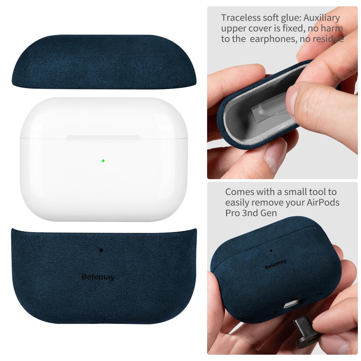 Belemay Handcrafted Alcantara Case for AirPods Pro 3rd Gen (2025), Compatible with MagSafe, Luxury Italian Suede-Like Material, Comfortable Grip, Elegant Cover Compatible with Airpods Pro 3, Blue
