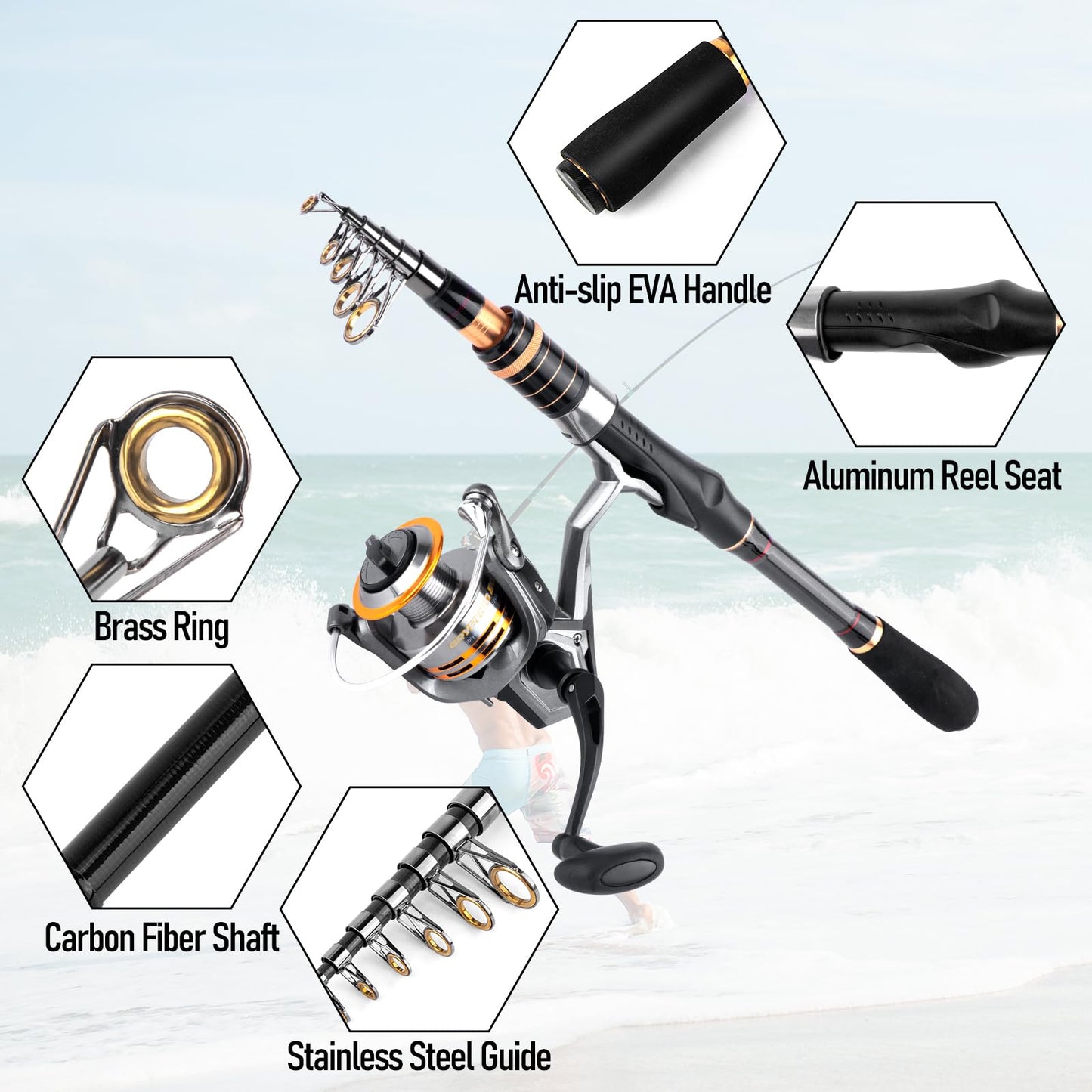 Dr.Fish Fishing Rod and Reel Combo Telescopic Fishing Pole 6-9.8ft Collapsible Spinning Rod 3000 Reel Bass Gear Equipment Freshwater 6ft