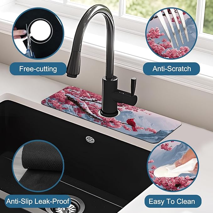 Christmas Welcome Winter Sink Faucet Absorbing Mat Cardinal Bird Super