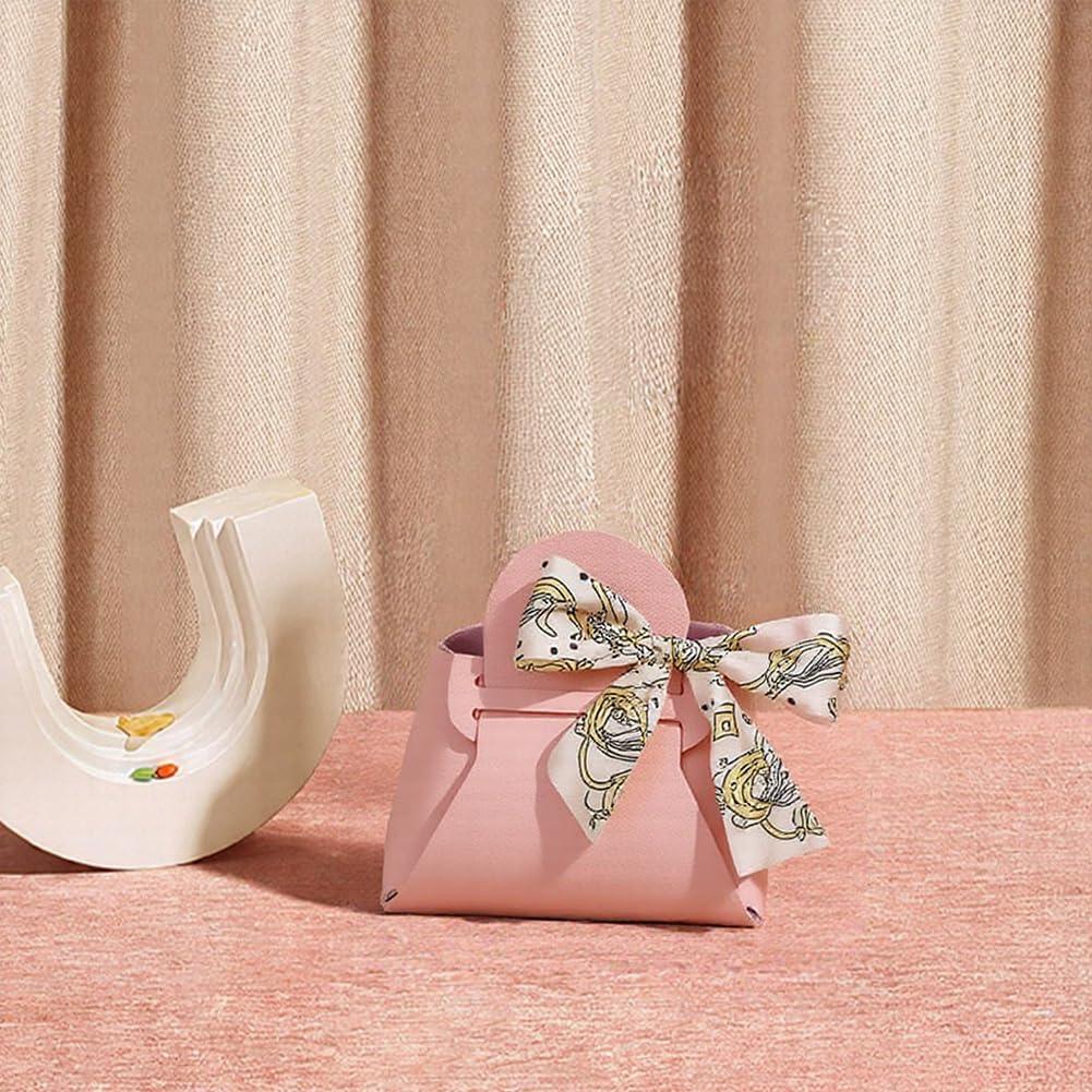 CALFOVERA 12 Pack Small Party Favor Boxes Reusable Faux Leather Gift Candy Wrapping Bags with Handle Ribbon Pink Mini Treat Handbags for Weddings Party Guest Gift Bridal Showers Birthday Halloween