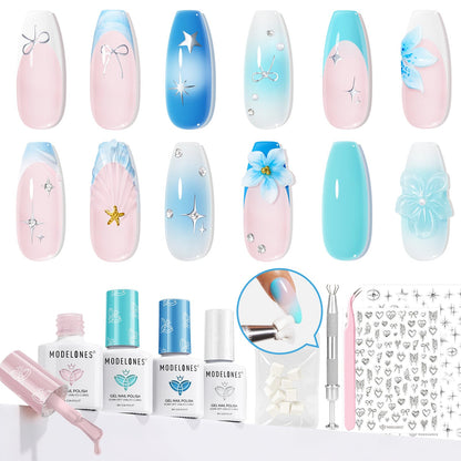 Modelones Gel Nail Polish Kit with UV Light, Milky White Nude Glitter Pink Red Gold Fall Metallic Manicure Set with Base Top Coat Star Stickers 4 Colors Gel Mini Salon Nail Art Gift for Women Girl