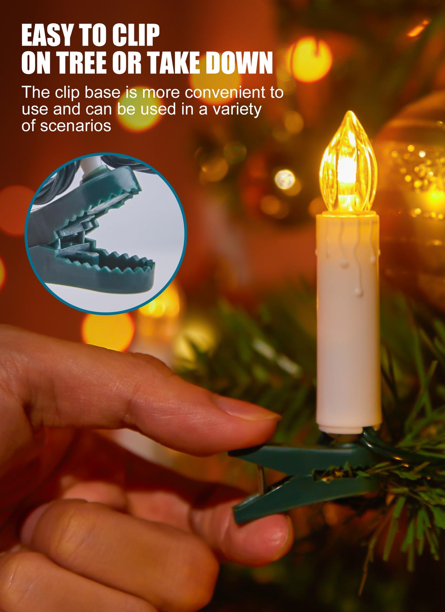 Minetom 50LED Battery Operated Christmas Tree Candles, Flameless 48FT Clip On Lights with 8 Modes, Waterproof Warm White String for Xmas Holiday Wedding Party Home Garden Decor