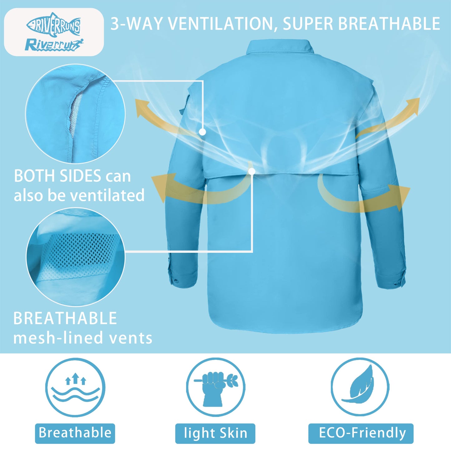 Riverruns UPF 50+ Men's Fishing Shirts Long Sleeve UV Protection Shirts Water-Repellent for Hiking, Fishing, Camping (Blue,Large)