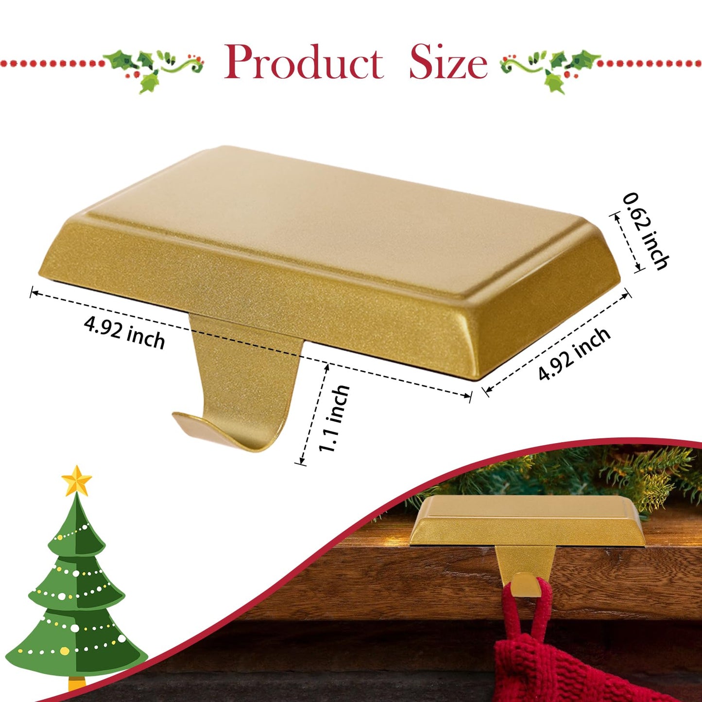 guccde Christmas Stocking Holders, Mantel Christmas Stocking Hangers, Metal Weighted Hooks for Hanging Christmas Stockings, Fireplace Xmas Holiday Decoration（Golden of 4）