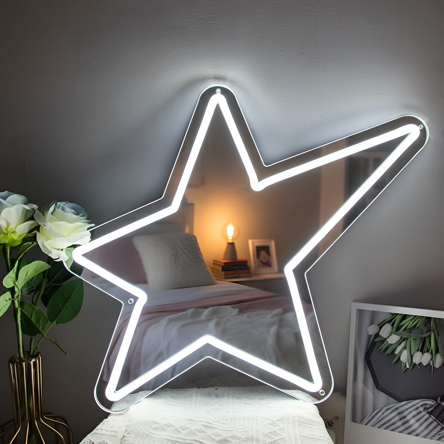 Bucherry Star Neon Mirror Sign, Star Room Mirror, USB LED Light, White, 12"x15", Decorative Wall Decor, Ideal for Bedroom, Party, Studio, Store, Gift