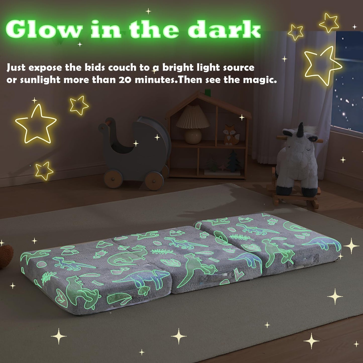 Kisdsa Foldable Floor Mattress for Kids,Folding Toddler Floor Nap Mat for Sleeping Daycare,Trifold Foam Mattress Floor Bed,Child Trifold Futon Sofa with Storage Bag,57''x23''(Glow Dino)