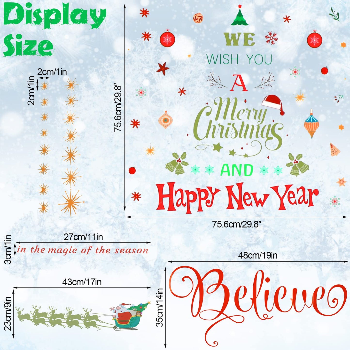 Large Christmas Wall Decals Stickers - Believe Quotes Decals, Tree Door Stickers Merry Christmas Wall Decorations Xmas Bathroom Fireplace Decor for Party Window Supplies - Removable