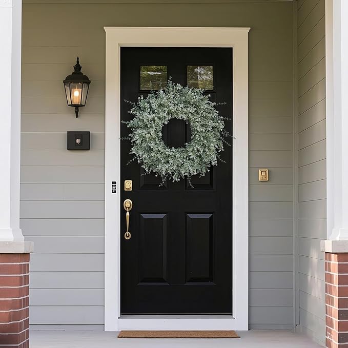 26'' Large Eucalyptus Wreath for Front Door, Porch- Artificial Eucalyptus and Lavender with Babys Breath Flowers Wreath for Home, Farmhouse Wall Decor- Spring, Summer, Fall, All Seasons (White-Green)