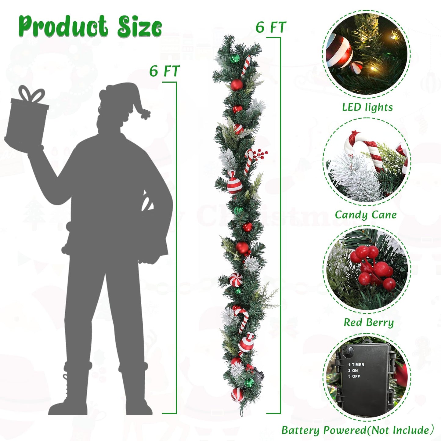 6 FT Christmas Garland with Lights, Prelit Wintry Pine Flocked Garlands with Candy Cane and Ball Ornaments, Battery Operated Artificial Christmas Garlands for Front Door Fireplace Mantle Decor