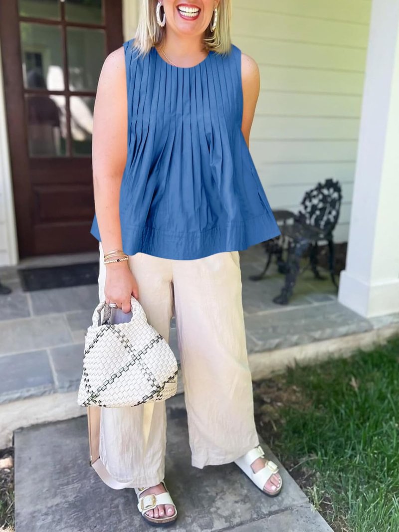 Cicy Bell Womens Summer Peplum Tops Casual Babydoll Sleeveless Cotton Tank Tops Flowy Pleated Shirts Blue