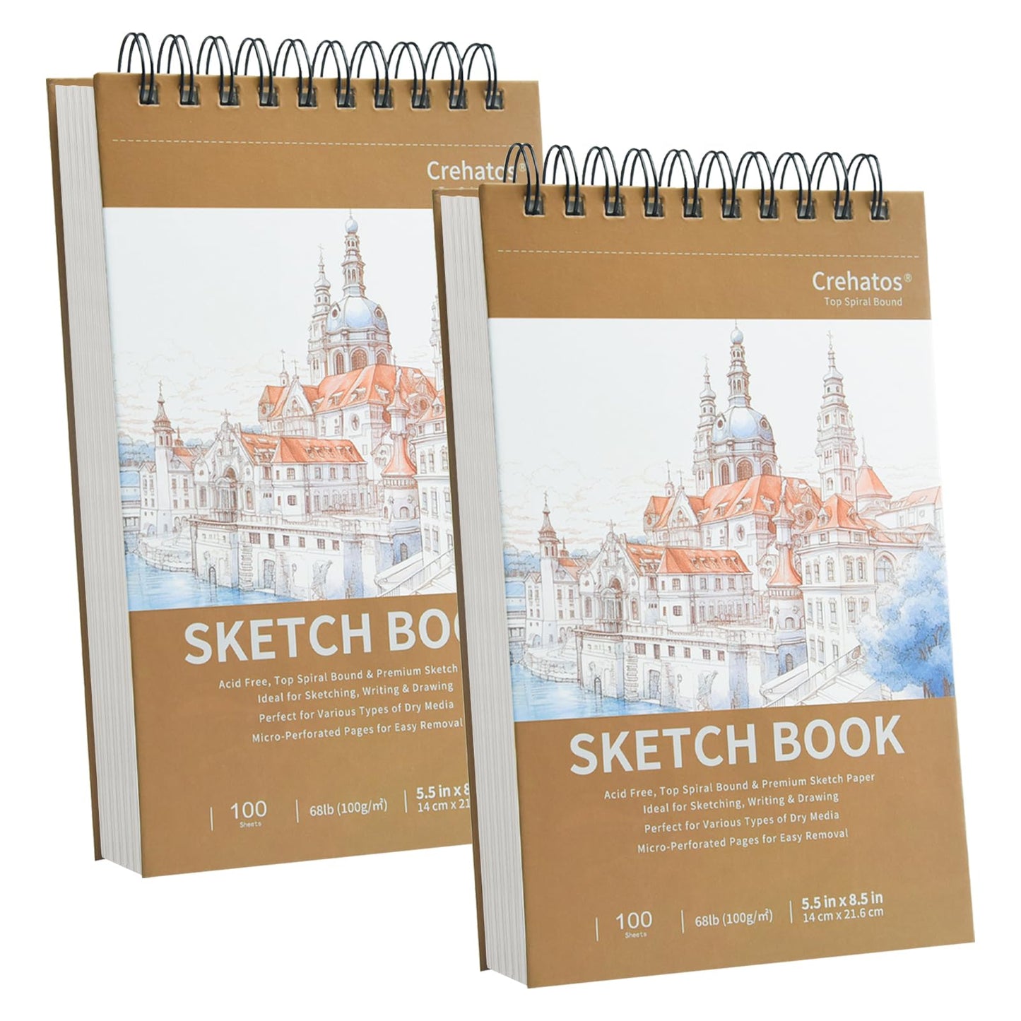 Crehatos 5.5" x 8.5" Small Sketch Book, Top Spiral Bound Sketch Pad, 100 Sheets Each 68lb/100gsm Drawing Paper, 2 Pack
