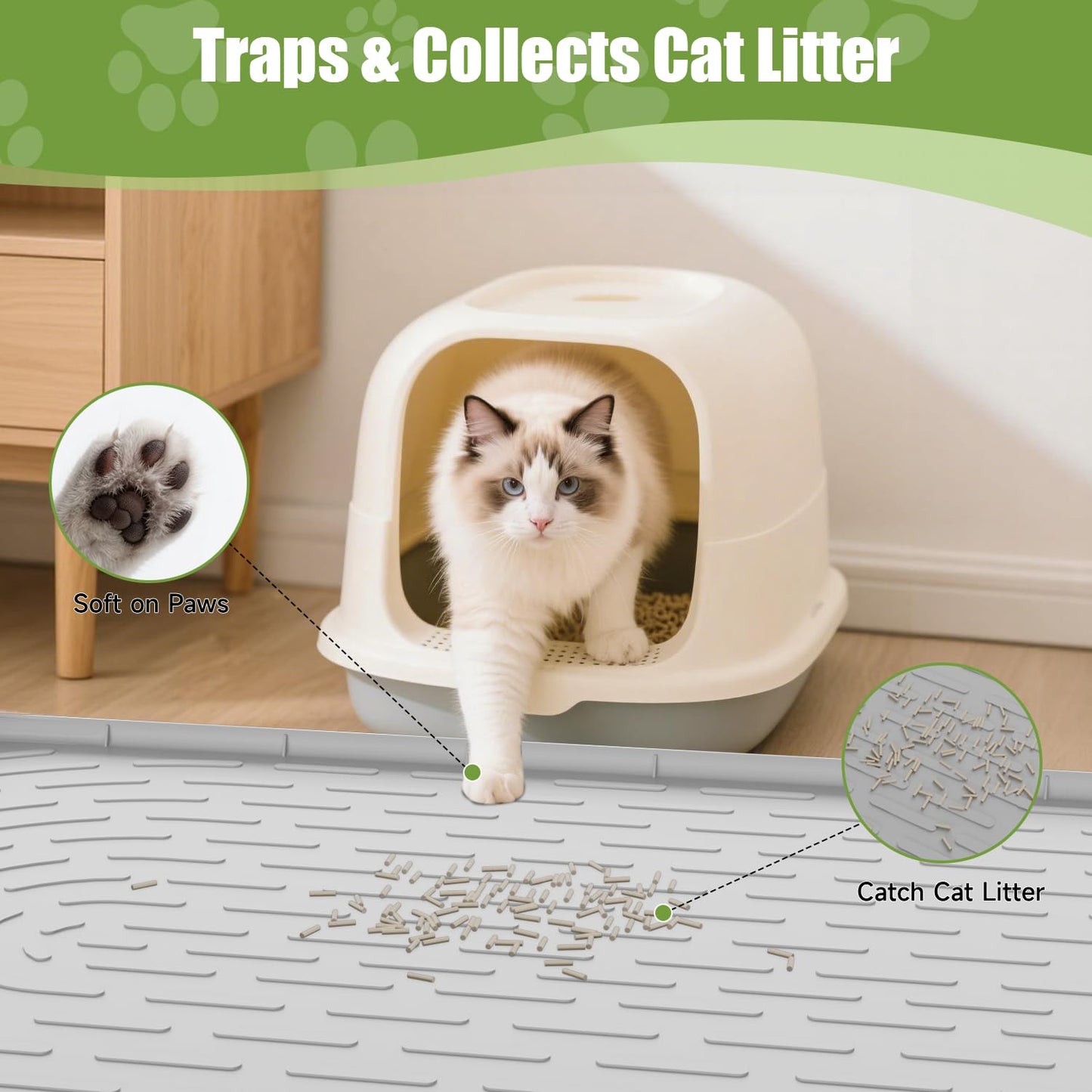 Pawinner Cat Litter Box Mat, 40" x 28" Extra Large Cat Litter Mat, Waterproof Litter Trapping Mat with Raised Edge, Soft on Kitty Paws, Urine-Proof,Non-Slip Floor Protector for Floor