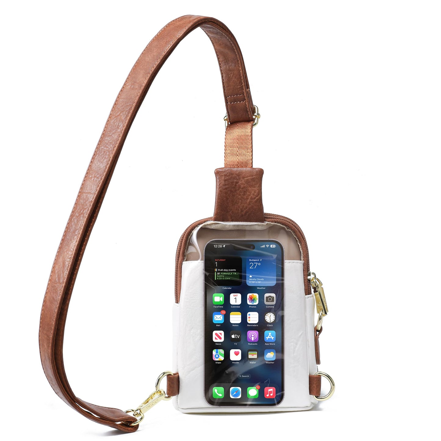 INICAT Sling Bag for Women Touchscreen Small Crossbody Cell Phone Purse Fanny Pack (White Brown Anti Theft)