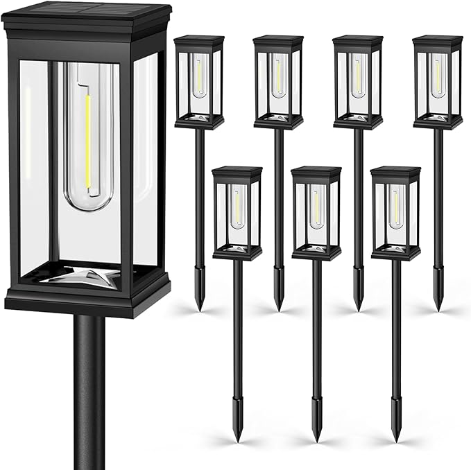 Solar Pathway Lights Outdoor - 8 Pack, IP65 Waterproof Warm White LED, Auto On/Off, Solar Powered Modern Square Design Landscape Lighting, for Walkway Garden Lawn Yard Decor