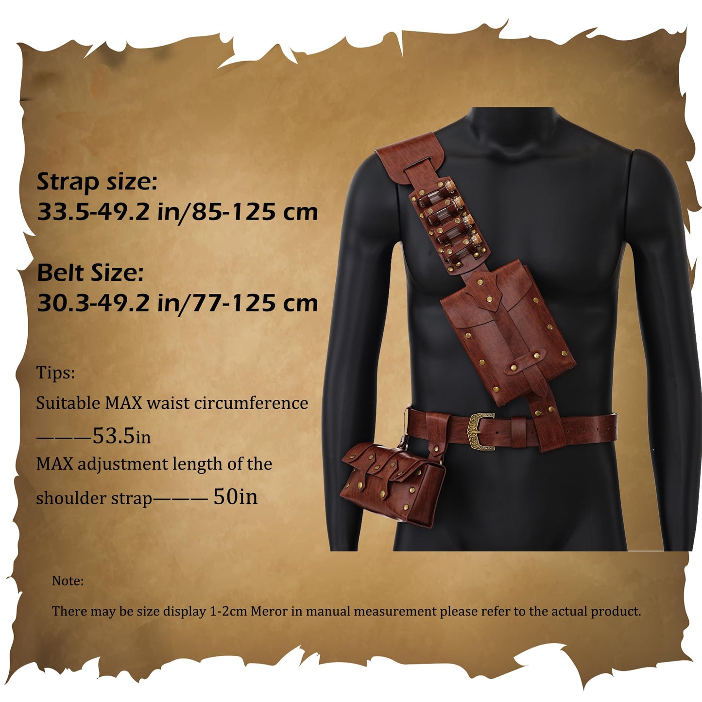 Whssusie Renaissance Accessories Men, 6-Pcs Medieval Alchemy Faux Leather Belt Pouch with 4 Cork Potion Vials Fantasy Wizard Waist Pouch Side Pack for Ren Faire Halloween, Brown