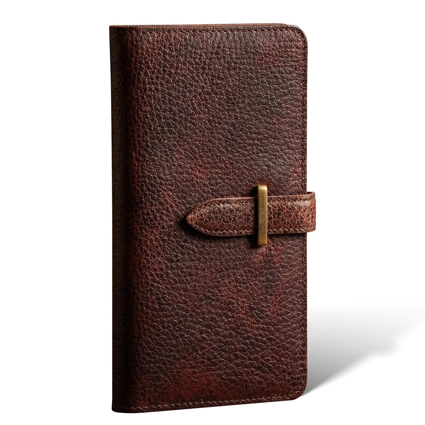 RMAWRAD genuine leather long bi-fold wallet/card holder, unisex, made of full-grain cowhide, with card slots and a coin purse, dark brown.