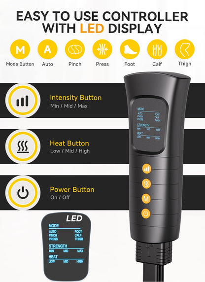 Leg Massager with Heat and Compression, Foot Calf & Thigh Massage for Circulation and Pain Relief, Leg Compression Massager with Handheld Controller 3 Intensities 6 Modes