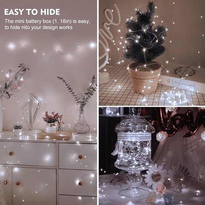 pozzolanas 24 Pack WhiteFairy Lights Battery Operated 3 Modes 7FT 20 LED Waterproof String Lights Twinkle Silver Wire for Mason Jars Wedding Christmas Halloween Party Decor(White, 24 Pack)