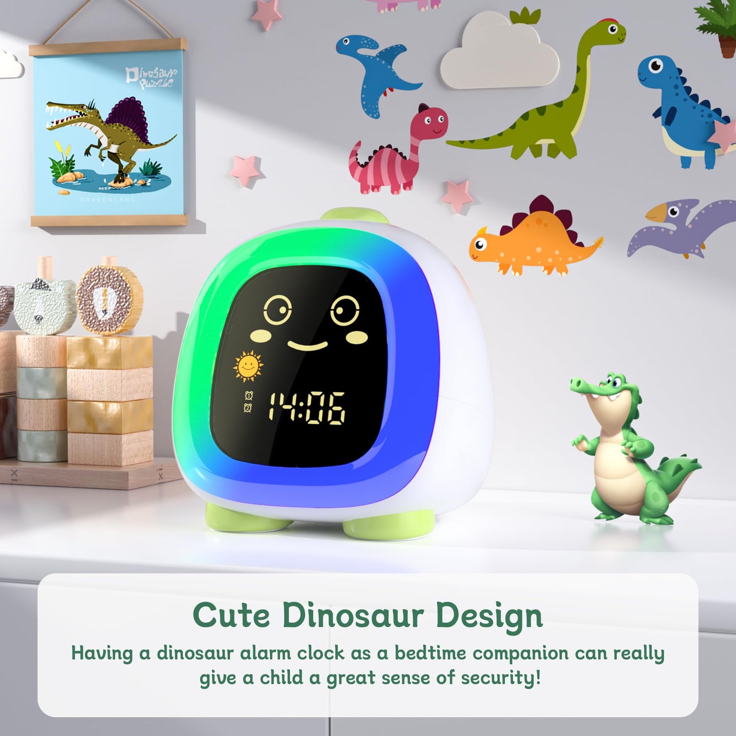 ANALOI Alarm Clock for Kids, Kids Alarm Clock Ok to Wake Cute Night Light for Bedroom, Toddlers Sleep Training Clock Stay in Bed, Dinosaur Birthday Gift for Kids Boys Girls