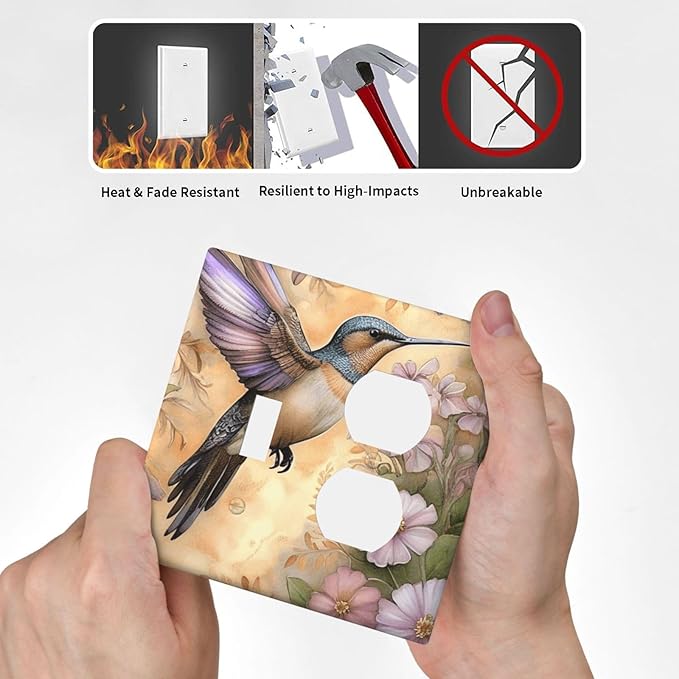 Decorative Art Light Switch Covers Blossom & Hummingbird 2 Gang Single Toggle Duplex Combination Electrical Faceplate Switchplate Wall Plate for Home Decor
