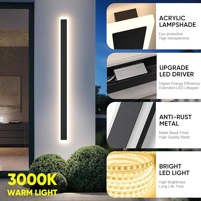 1-Pack 59inch Modern Outdoor Wall Lights, LED Wall Light Outdoor Lights Fixture for Patio Wall Mount, IP65 Waterproof Black Outside Lights for House, Garage, Porch (3000k)