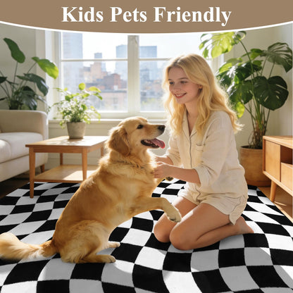 Yamaziot 8x10 Large Checkered Area Rug, Non-Slip Soft Washable Living Room Rug with Rubber Backing, Low Pile Rug Floor Carpet for Dinning Room, Bedroom, Black