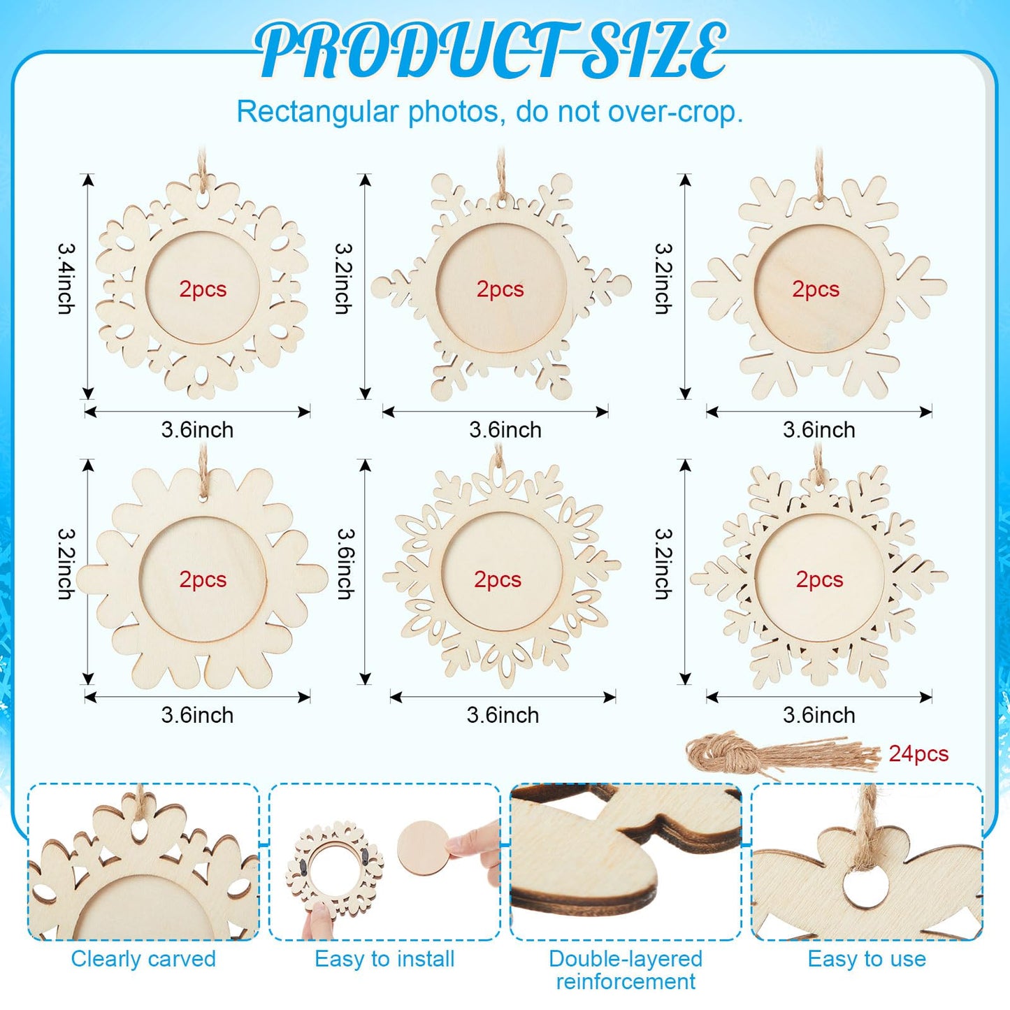 Thyle 12 Pcs Christmas Picture Frame Craft Kits DIY Wooden Snowflake Ornaments Bulk Xmas Tree Hanging Photo Frames for Christmas Party Winter Activities Home Decorations Gift