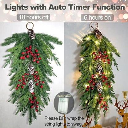 2025 Upgraded 26inch Christmas Swag with Lights Lush Norfolk Pine Teardrop Swags Christmas Wreaths with Lights Greenery Stairway Swags Staircase Decorations for Door Indoor Outdoor Home Hanging Décor