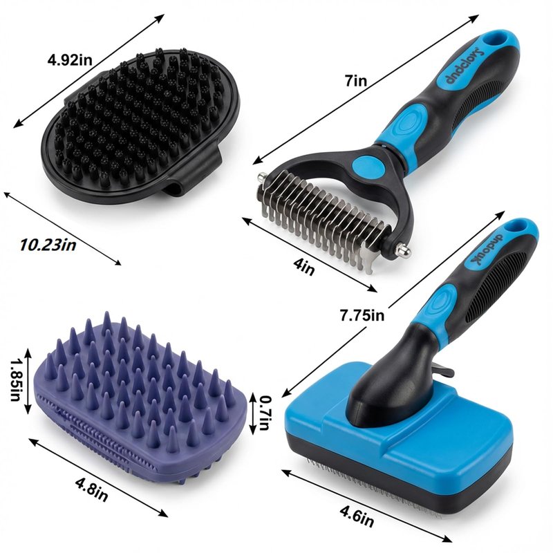 PETIMP STORE 4PCS Self Cleaning Slicker Brush, Pet Grooming Rake, Bath Brush & Massage Brush for Short/Long Haired Dogs, Cats & Horses, Pet Grooming Deshedding Tools - Pet Supplies (Green Black)