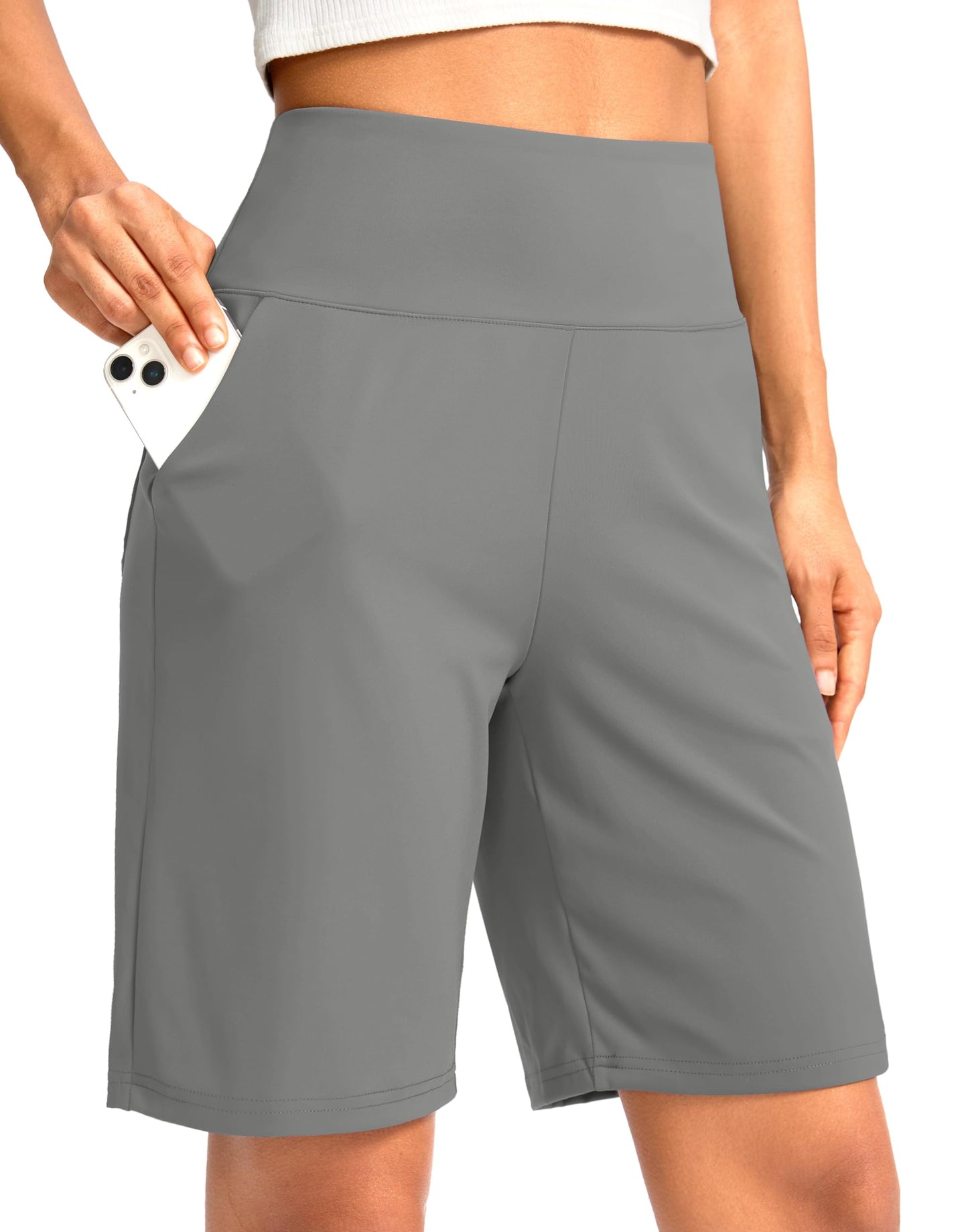G Gradual Women's Bermuda Long Shorts with Pockets 9" High Waisted Knee Length Shorts for Women Walking Athletic Workout(Light Grey,L)