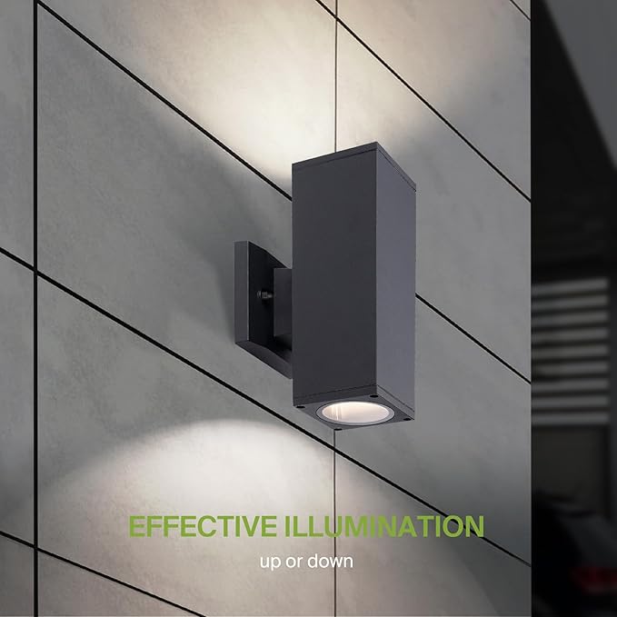 ASD 2 Light Square Outdoor Wall Light Fixture | 120W E26 Socket 120V ETL Cylinder Up Down Lights | LED/CFL/Incandescent Bulb Exterior Wall Sconce | Front Door, Porch, Patio Lighting | Black