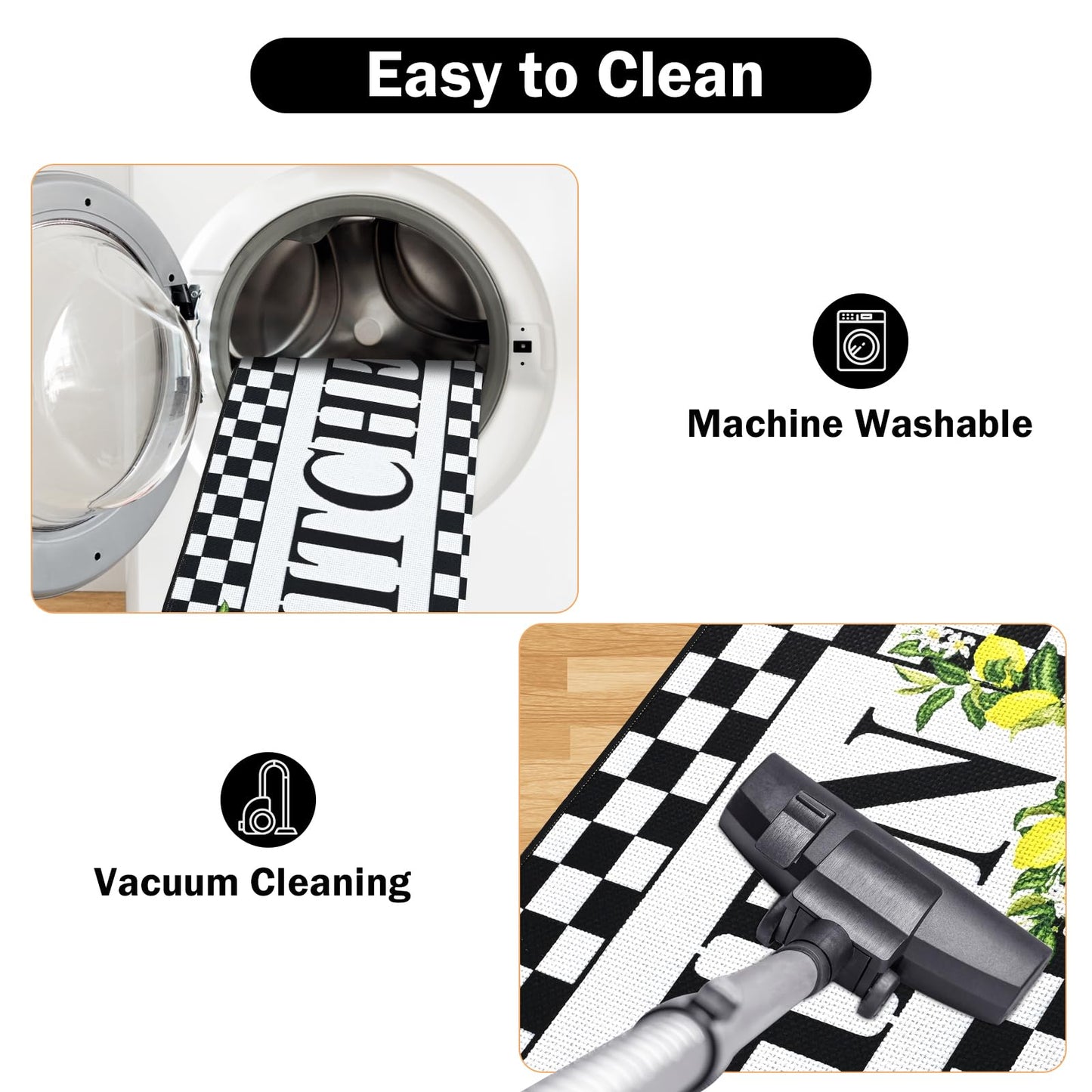 PCSWEET HOME Black and White Checkered Kitchen Rugs Washable Non Slip Lemon Kitchen Rugs Set of 3 Checkered Door Mat Indoor