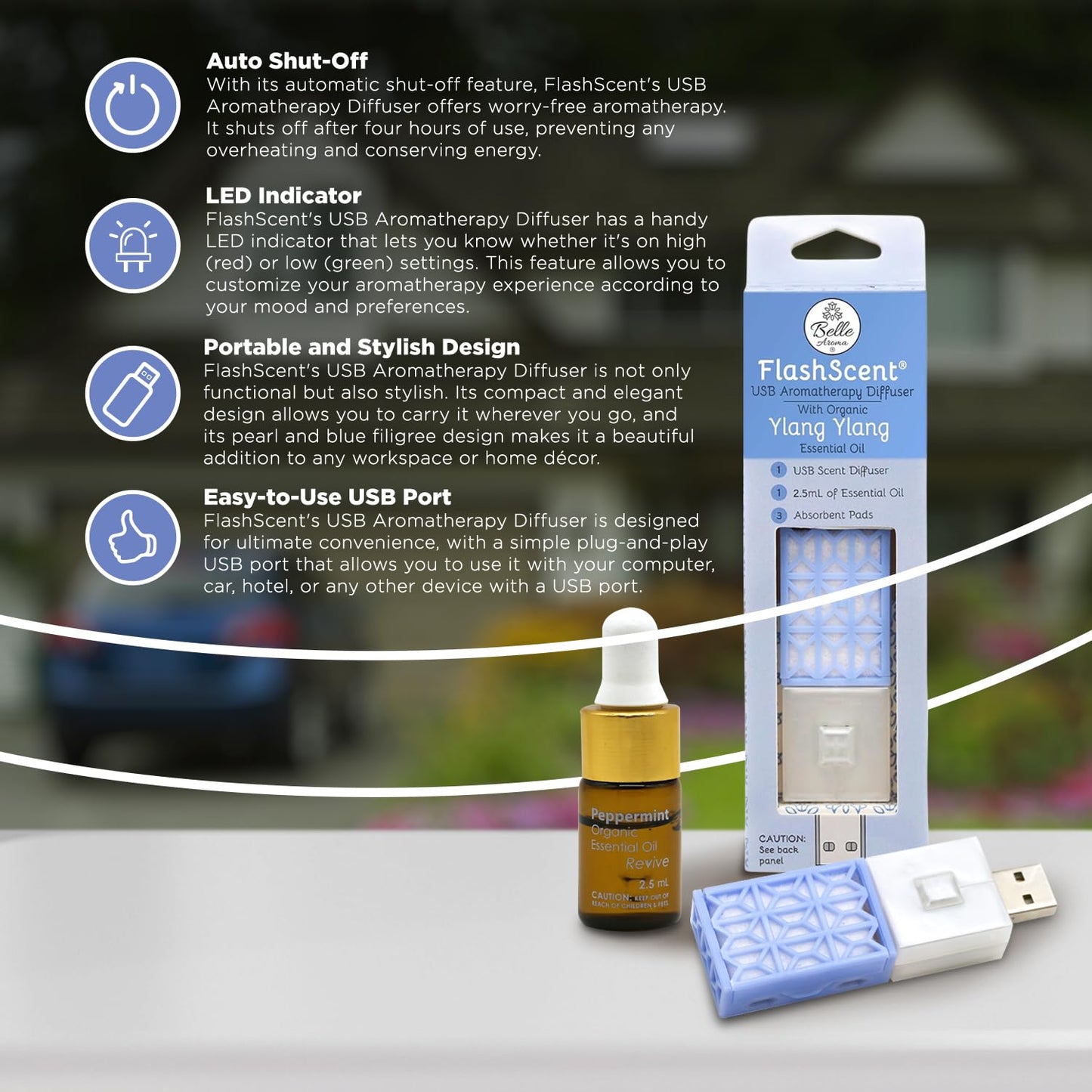 Belle Aroma® FlashScent™ USB Aromatherapy Bundle - for Car, Office, Home, and Travel - Includes 1 Serenity Blue Ylang Ylang Oil Diffuser Kit, 1 Lavender FlashScent Essential Oil, and 7 Refill Pads