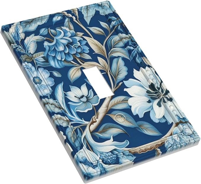Blue Flowers Branches Leaves Floral Pattern Light Switch Covers 1 Gang Single Toggle Wall Plate Decorative Switchcover Electrical Switchplate for Country Living Decor
