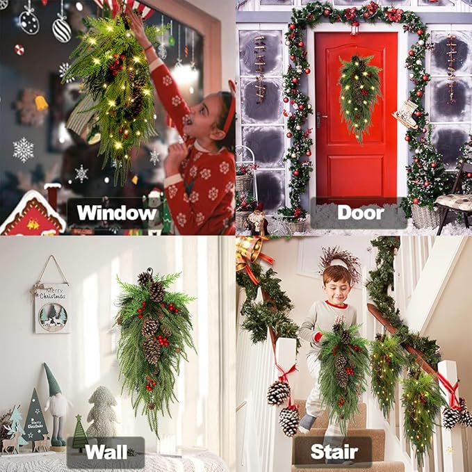2025 Upgraded 27.6inch Prelit Christmas Teardrop Swag Norfolk Pine Swags Christmas Wreaths with Lights Greenery Stairway Swags Staircase Decorations for Door Indoor Outdoor Home Hanging Decor