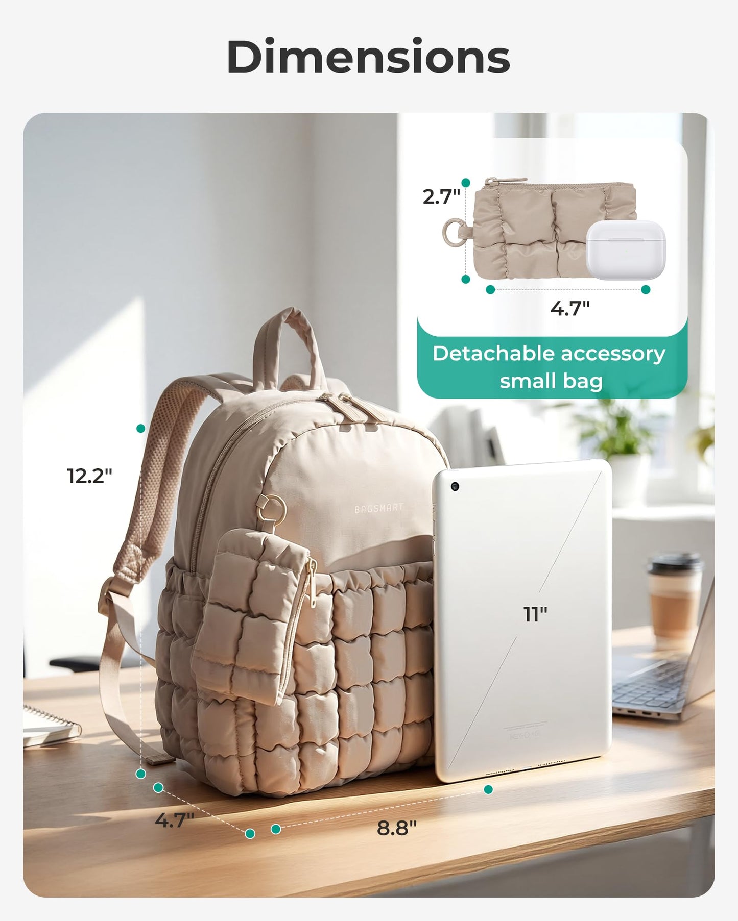 BAGSMART Mini Backpacks for Women, Puffy Checkered Quilted Small Backpack with Pouch, Lightweight Daypack Purse, Water-Resistant Bookbag for Daily Travel College, 2-in-1 Set, Coffee Brown