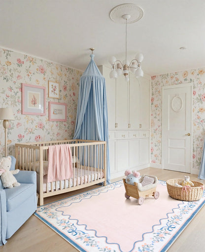 Seavish Pink Floral Rugs for Bedroom Girls, 5x7 Area Rugs for Living Room, Soft Washable Scalloped Nursery Rug, Boho Farmhouse Non-Slip Low Pile Carpet Rug for Kids Playroom Dining Room Office