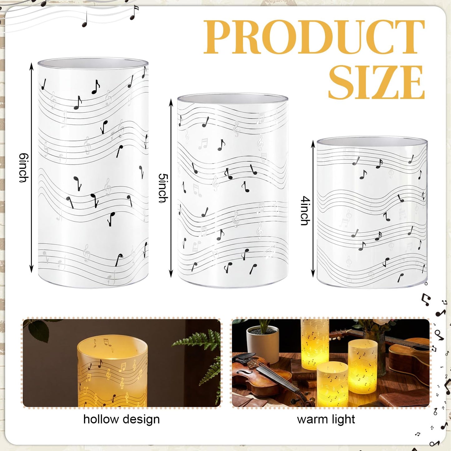 Baquler 3 Set Music Notes Flameless Candles Music Party Decorations Musical Lampshade with LED Tea Lights Black and Wihte Musical Centerpieces for Wedding Tabletop Fireplace Home Decor