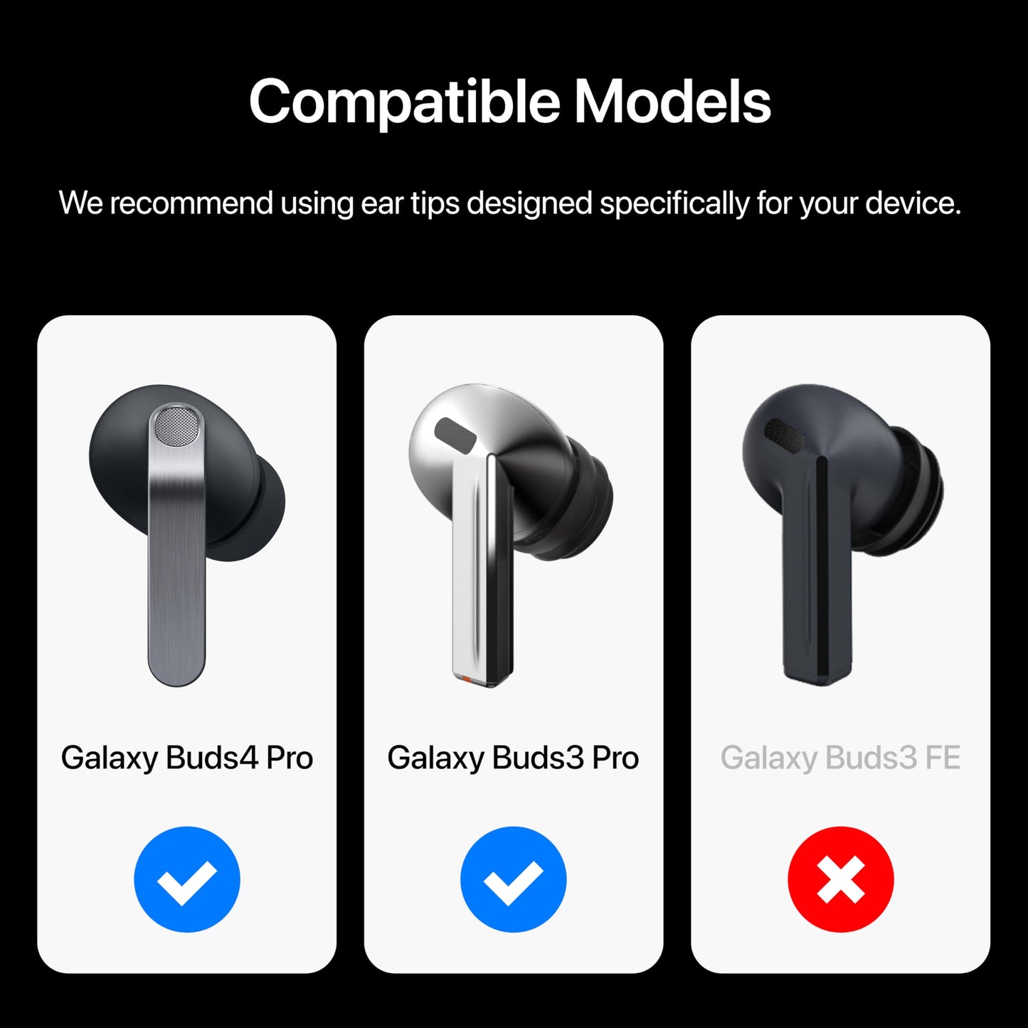 Premium Multi-Flange Eartips for Galaxy Buds3 Pro/Galaxy Buds4 Pro (Black, X-Small) – Always Fits, Never Slips
