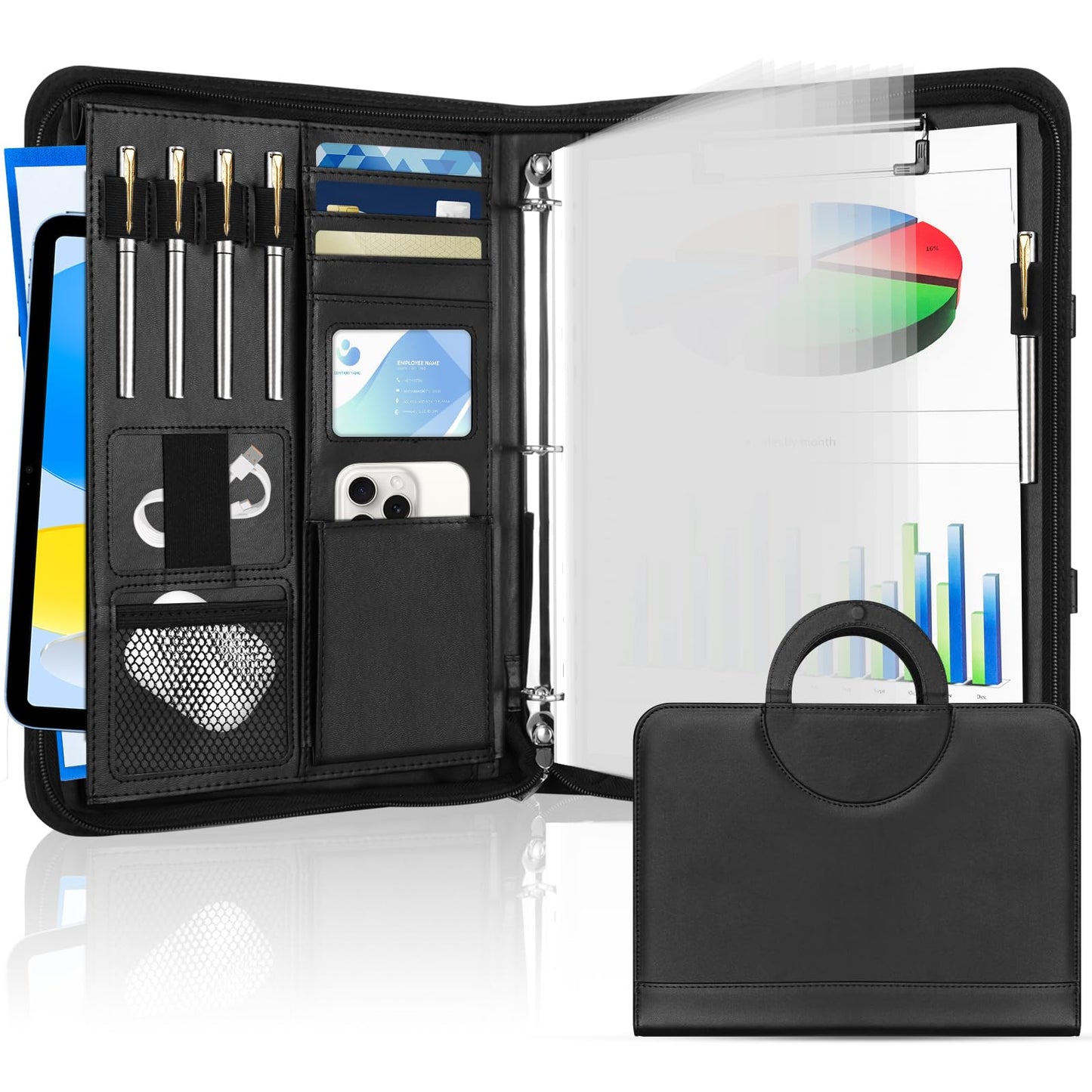 Portfolio Binder Organizer, 3 Ring Padfolio Binder with Notepad, Resume Portfolio Folder with Pockets Protective 11 Inch Tablet Sleeve, Documents, Resume, Cards, Passport & Tickets
