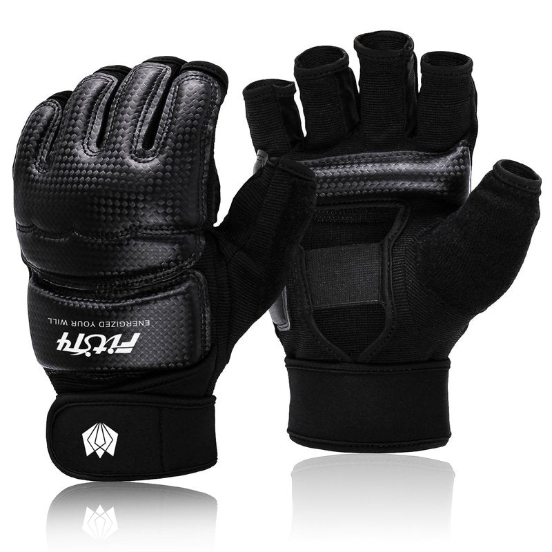FitsT4 Sports Half Mitts MMA UFC Training Boxing Punch Bag Kickboxing Sparring Grappling Martial Arts Muay Thai Taekwondo Wrist Wraps Support Gloves for Women Men Kids Black L