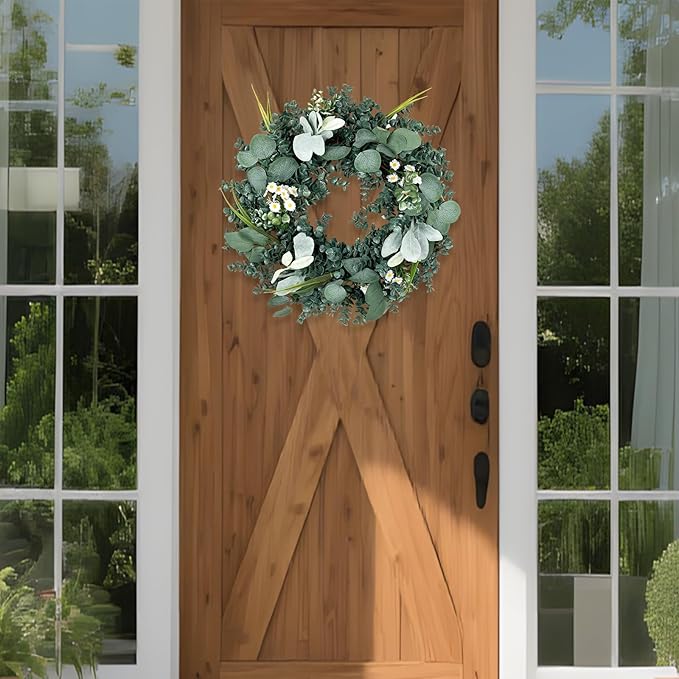 Wreath for Front Door, 18 Inch Spring Summer Eucalyptus Wreaths, Handmade Greenery Wreath All Season for Outside Window Wall Festival Farmhouse Indoor Outdoor Party Holiday Wedding Home Decor