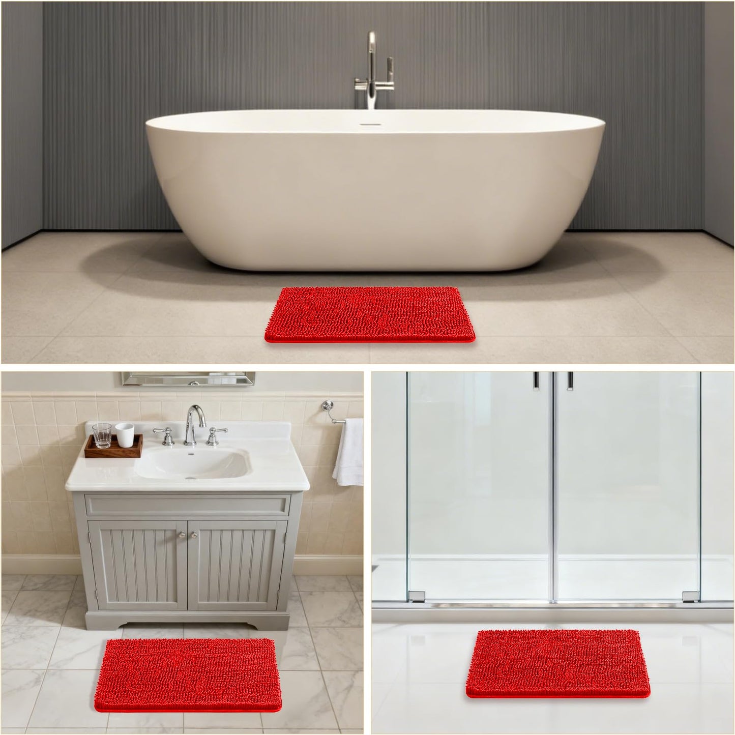 Kildoss Red Bathroom Rugs 17"x24" - Plush Chenille Non-Slip Bath Mat - Absorbent, Washable, Soft and Thick Decor for Shower, Sink, Kitchen, Tub, Home Accessories