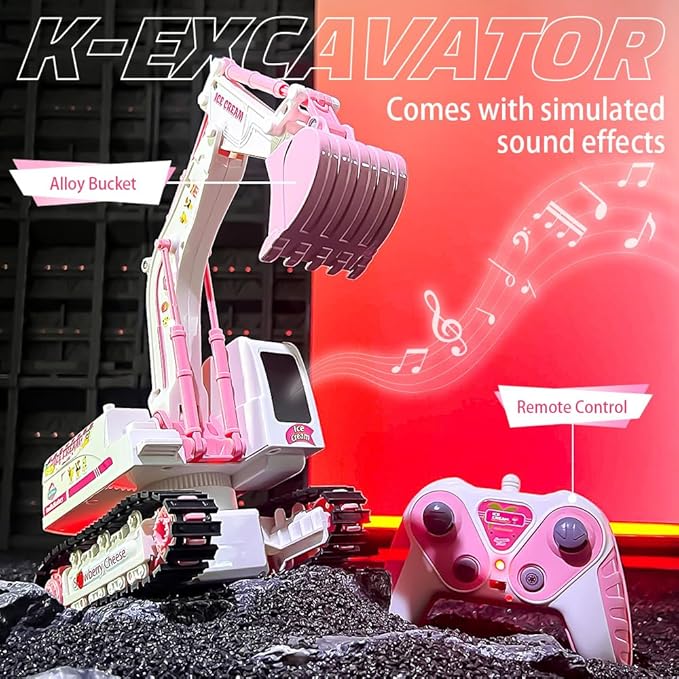 Pink RC Excavator 6 Channel 2.4Ghz RC Construction Vehicle1:24 Scale Pink Excavator Toy with 360° Rotation Light Sound and DIY Stickers Birthday Gift for Teens Adults (3 Battery)